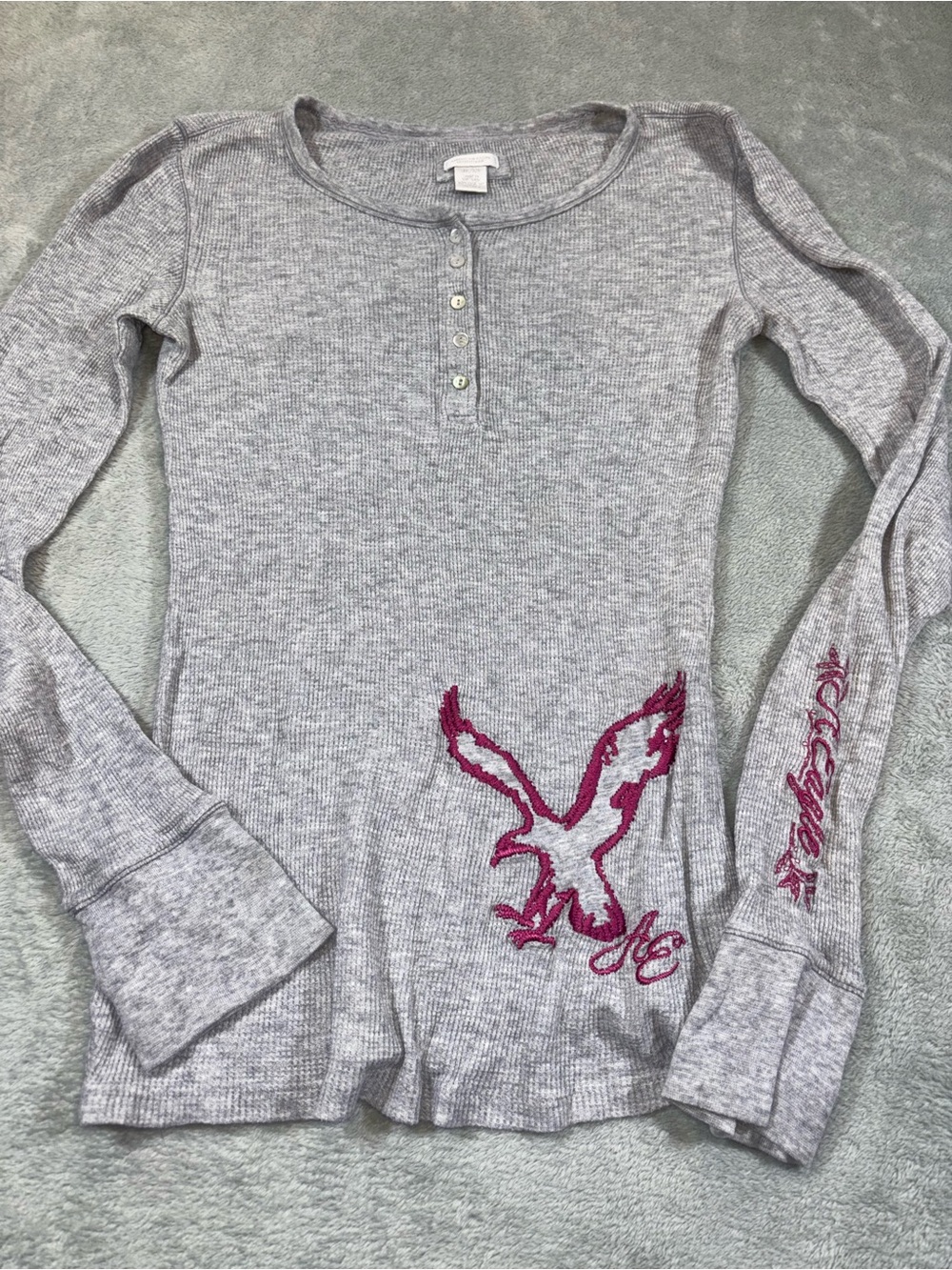 VTG American Eagle Y2K Waffle Knit Henley Thermal Top Grey Medium